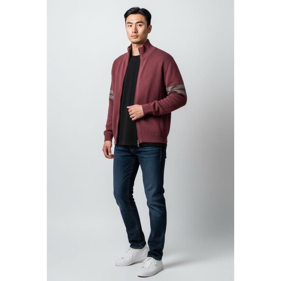 Gap Mens Full-Zip Burgundy Sweater With Gray Stripes On Sleeves - Picture 2 of 12